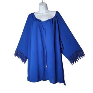 Catherines Women’s 4X Royal Blue Boho Peasant Tunic Top Crochet Bell Sleeves